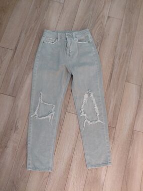 American Eagle Outfitters Light Teal High-Rise Distressed Jeans